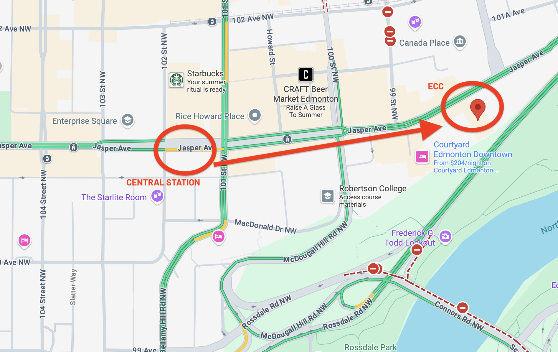 Map: Central Station to Convention Centre (zoomed out)