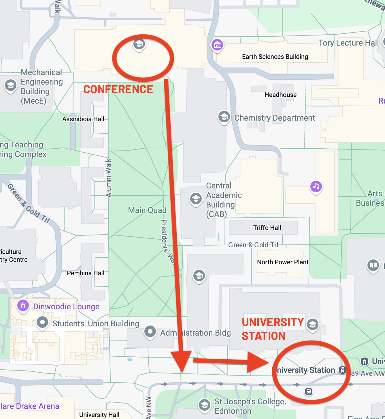 Map: Central Station to Convention Centre (zoomed in)