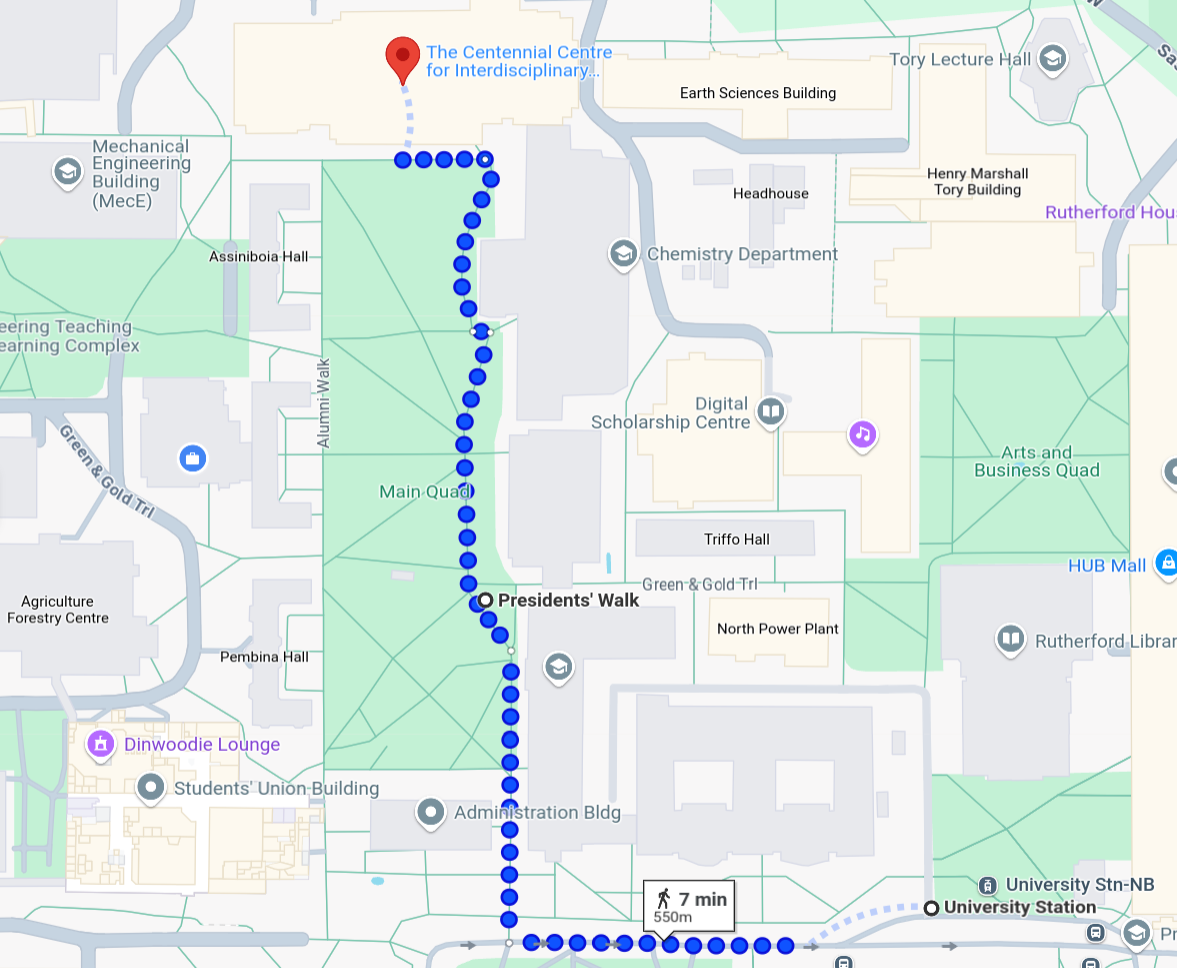 Walking directions from University station to the Centennial Centre for Interdisciplinary Science